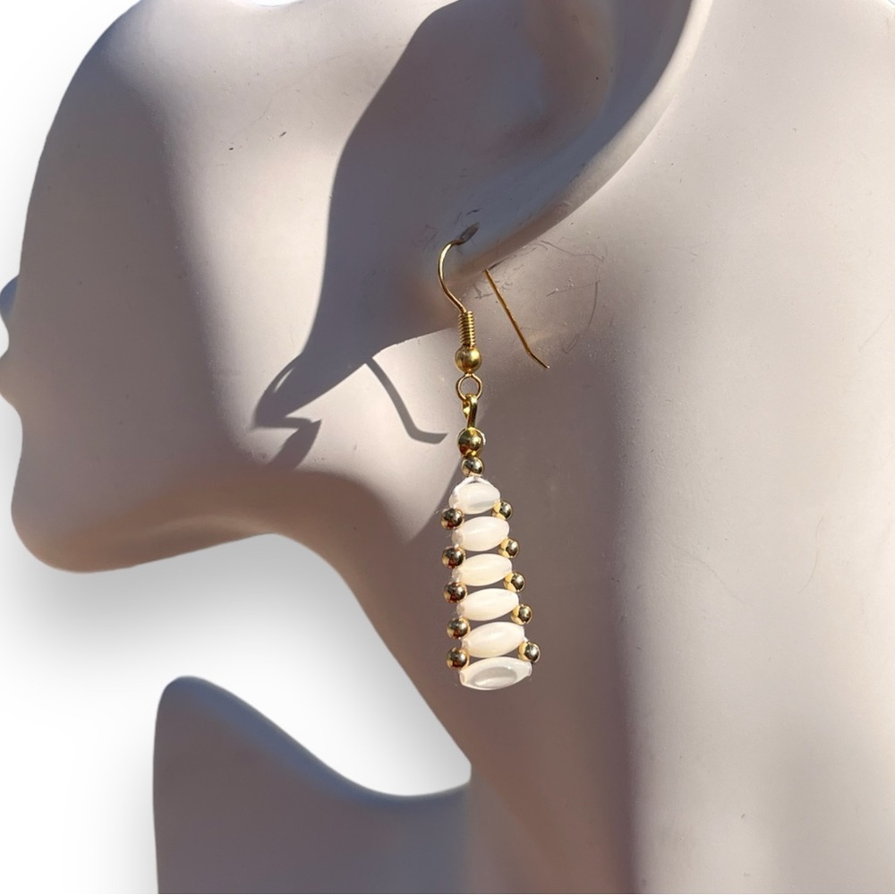 10K GF Dangly Iridescent Pearl Toned Beaded Earrings